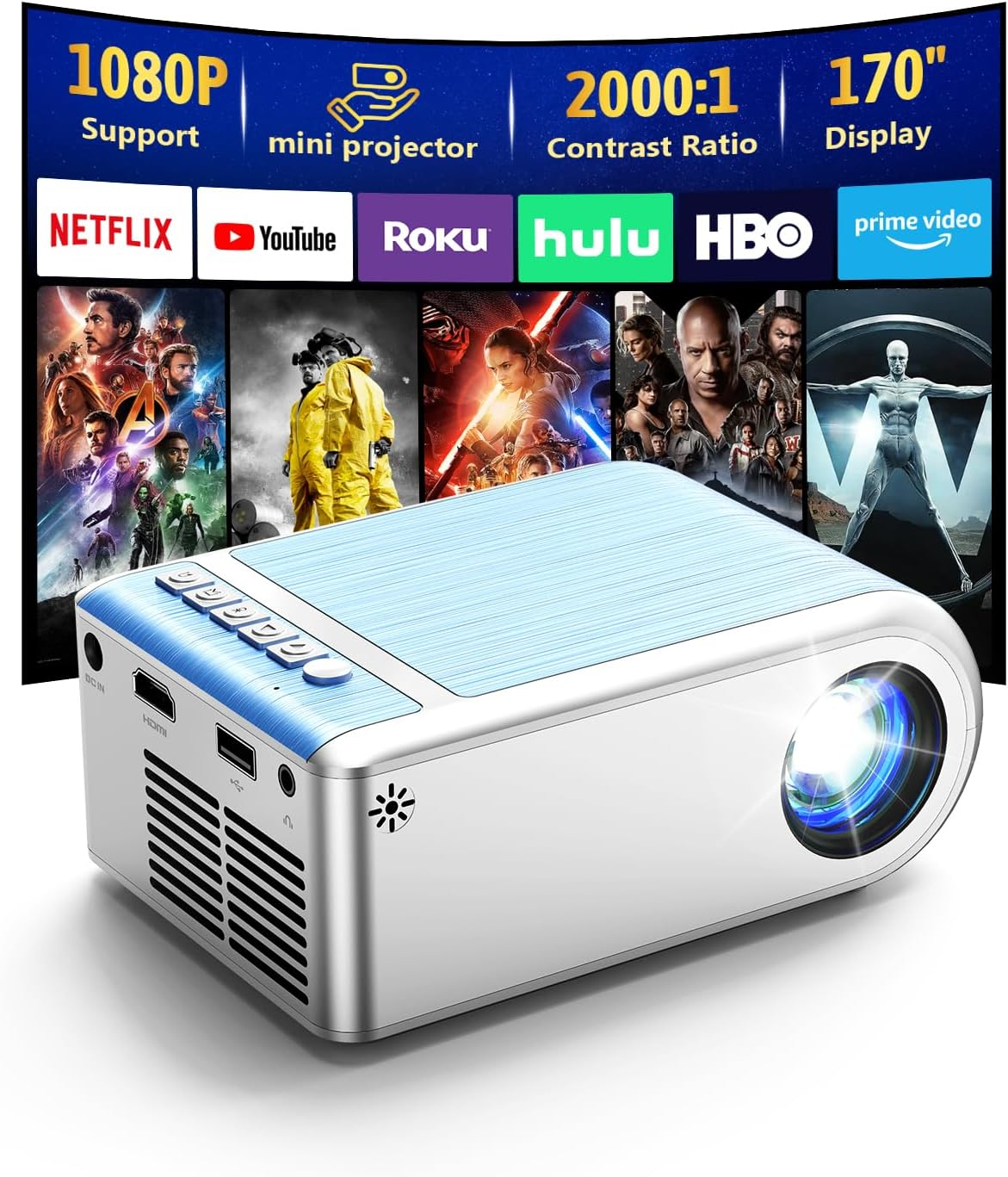 Mini Projector with Wifi and Bluetooth, Outdoor Portable Mini Projector for Iphone Supports 1080P with Built-In Speaker, Movie Projector for Home Theater Compatible with PC/TV Stick/Hdmi (Basic 220)