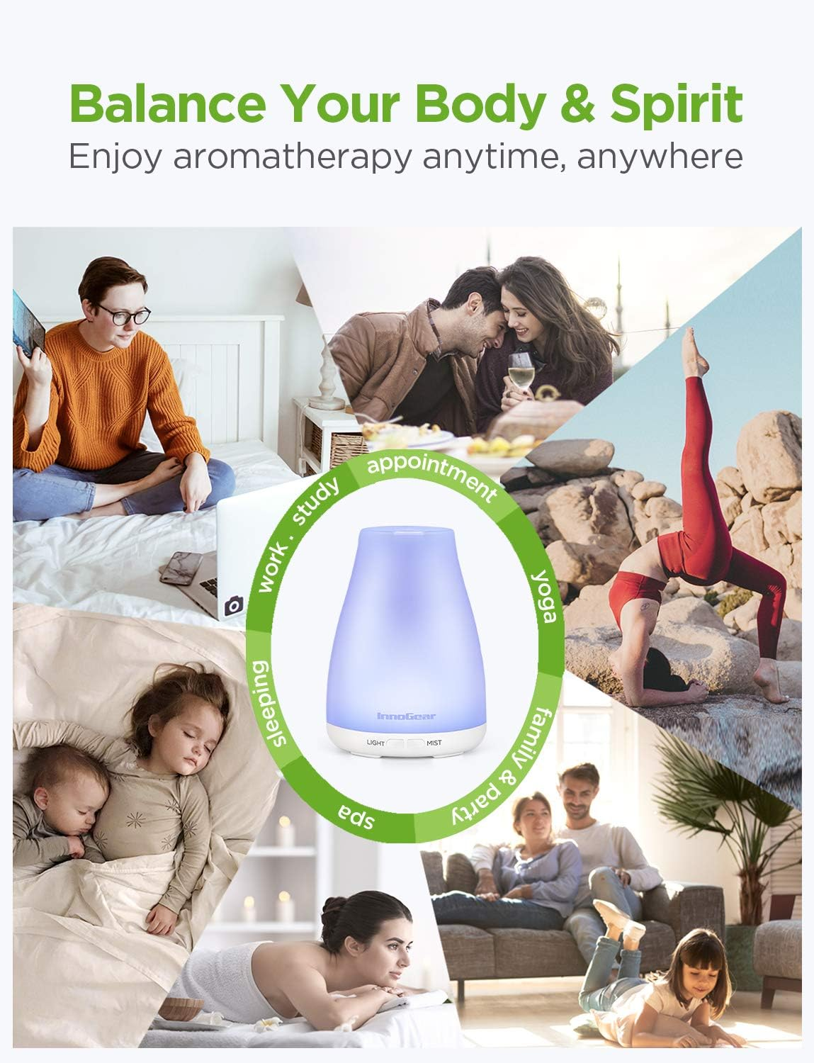 Essential Oil Diffuser, Upgraded Diffusers for Essential Oils Aromatherapy Diffuser Cool Mist Humidifier with 7 Colors Lights 2 Mist Mode Waterless Auto off for Home Office Room, Basic White - Image 7