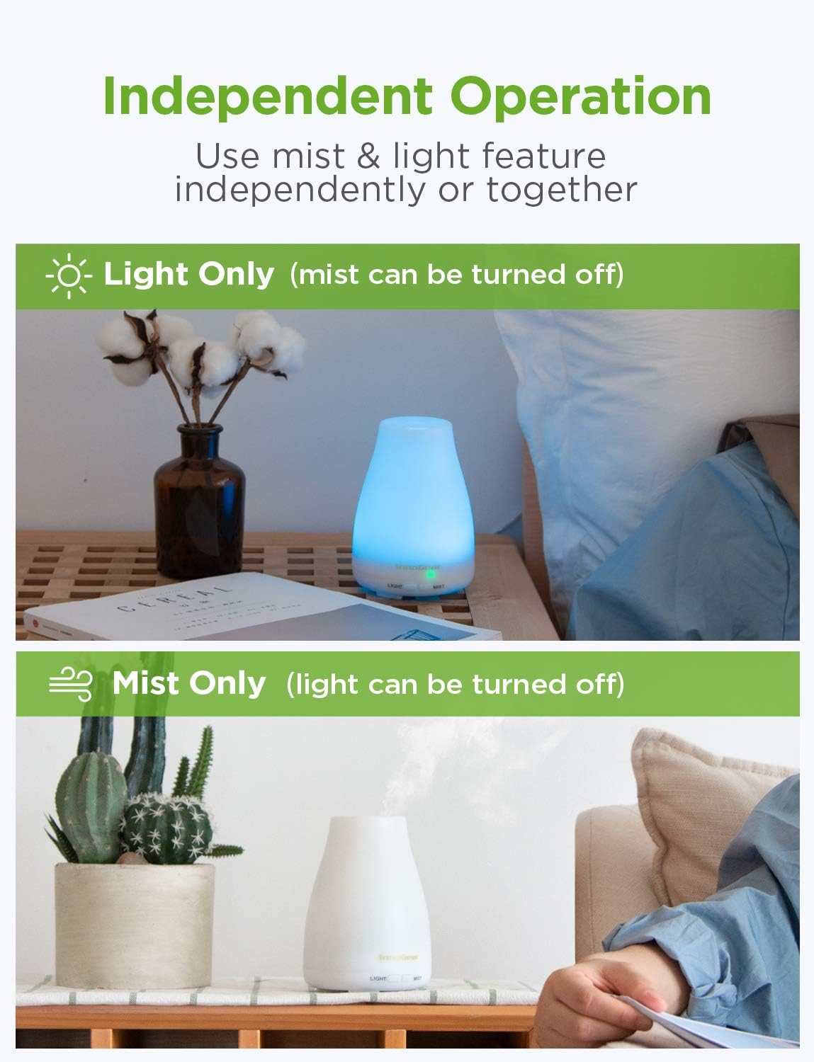 Essential Oil Diffuser, Upgraded Diffusers for Essential Oils Aromatherapy Diffuser Cool Mist Humidifier with 7 Colors Lights 2 Mist Mode Waterless Auto off for Home Office Room, Basic White - Image 4
