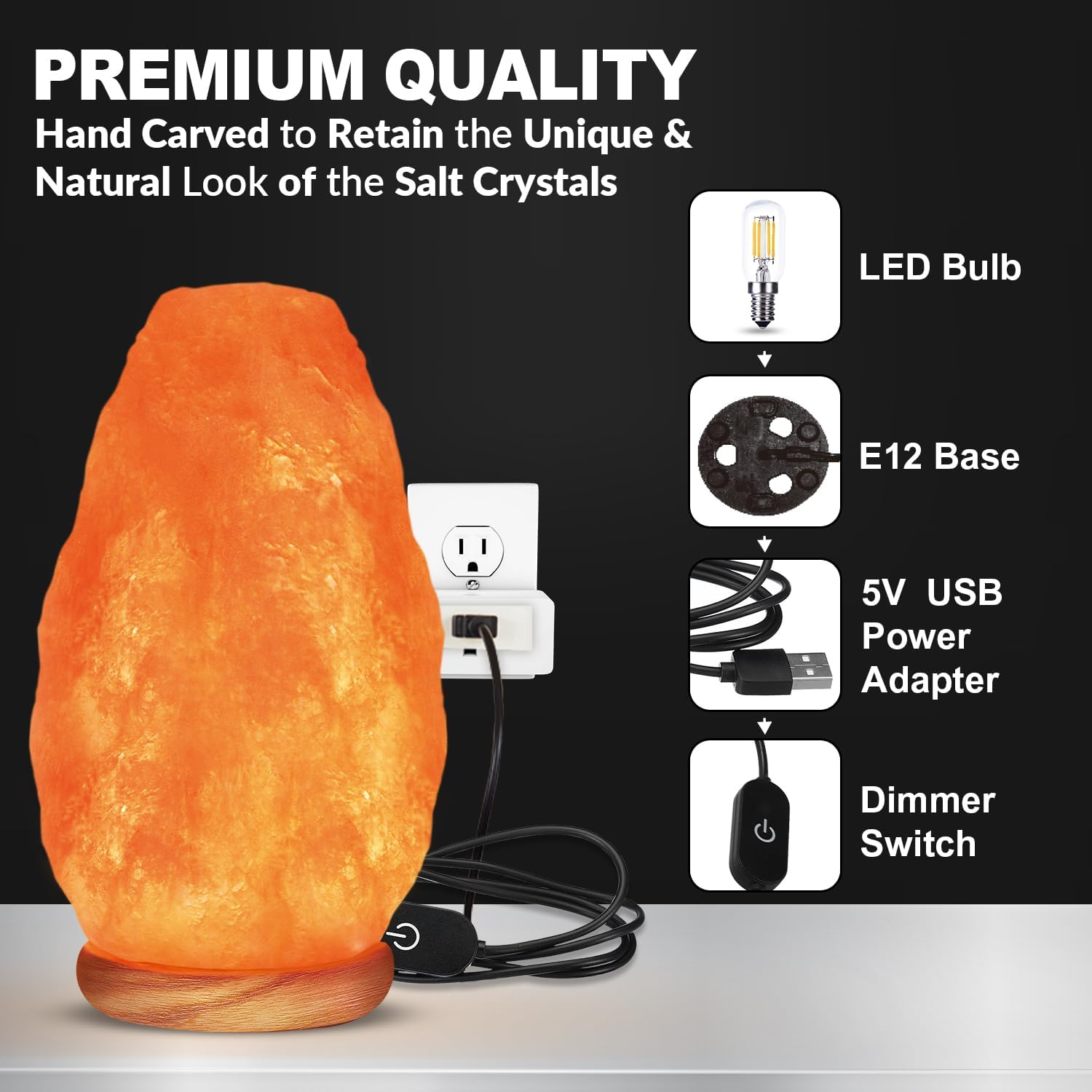 WBM Salt Lamp - USB Himalayan Salt Lamp with Touch Dimmer Control, Natural Pink Crystal, 5-7 Lbs, Wooden Base, LED Bulb, Room Decor, Home Decor, Relaxation, Ambiance, Gift - Image 4