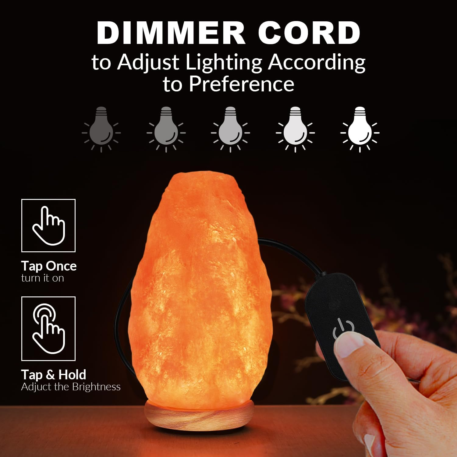 WBM Salt Lamp - USB Himalayan Salt Lamp with Touch Dimmer Control, Natural Pink Crystal, 5-7 Lbs, Wooden Base, LED Bulb, Room Decor, Home Decor, Relaxation, Ambiance, Gift - Image 6